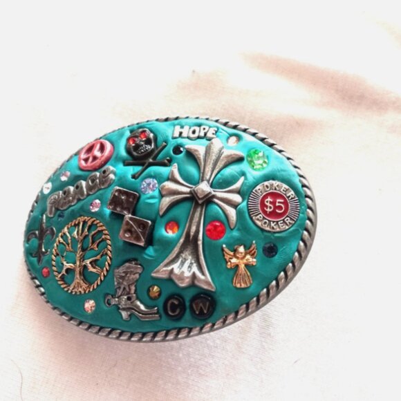 One-of-a-Kind Handcrafted Clay Belt Buckle Peace Skull Cross Vegas Hippie main image 11
